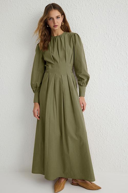 Maxi A line Snatched Waist Woven Dress - Khaki
