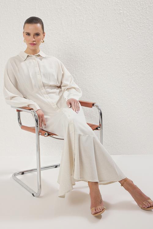 Maxi Woven Buttoned  Dress - Ecru