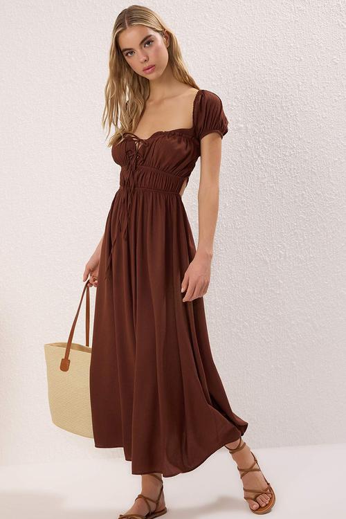 Midi Cap Sleeve  Woven Dress - Brown