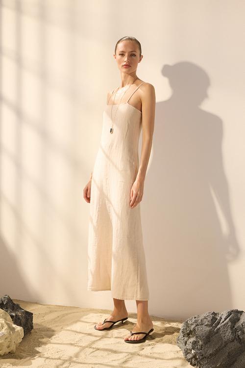 Midi Straight Cut Woven Dress - Beige