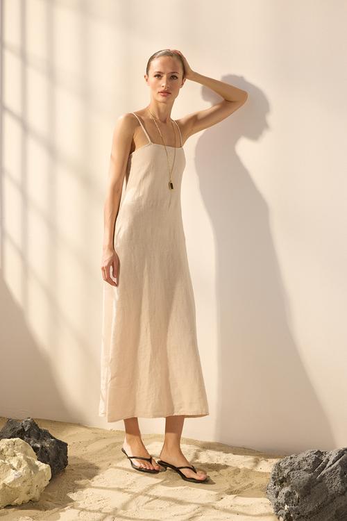 Midi Straight Cut Woven Dress - Beige