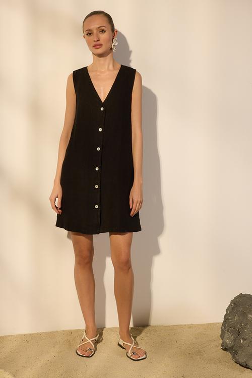 Mini Aline Buttoned Woven Dress - Black