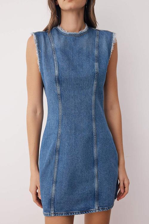 Mini Striaght Denim High Neck  Dress - Blue