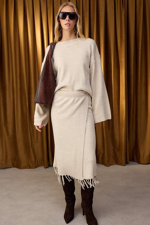 Skirt Tip Tassel Knitwear Bottom-Top Set - Stone