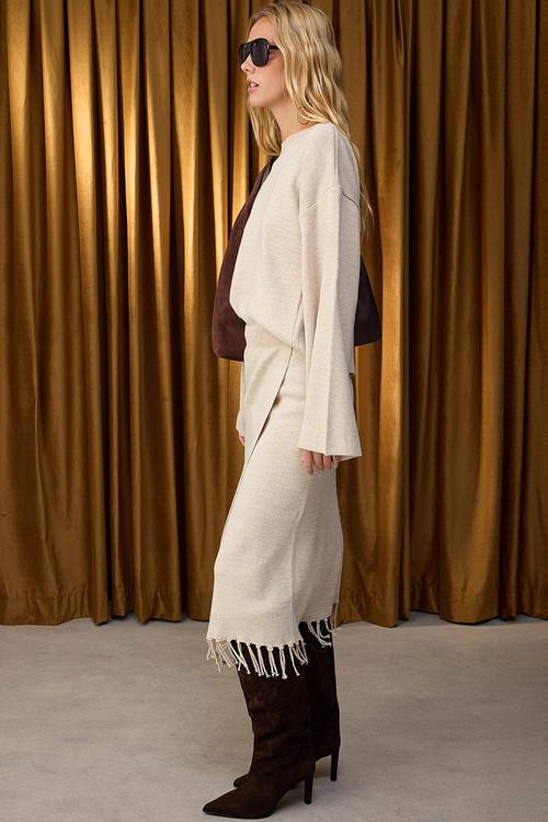 Skirt Tip Tassel Knitwear Bottom-Top Set - Stone