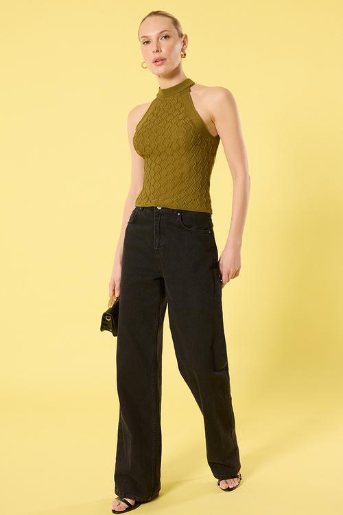 Halter Neck Knitwear Thin Blouse - Green