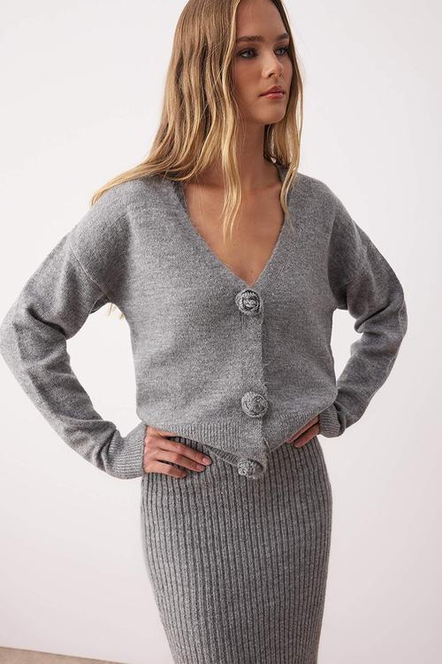 Midi Pencil knitwear V Neck  Dress - Grey