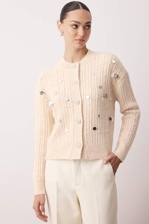 Sequined Mother of Pearl Button Soft Textured Knitwear Cardigan - Stone