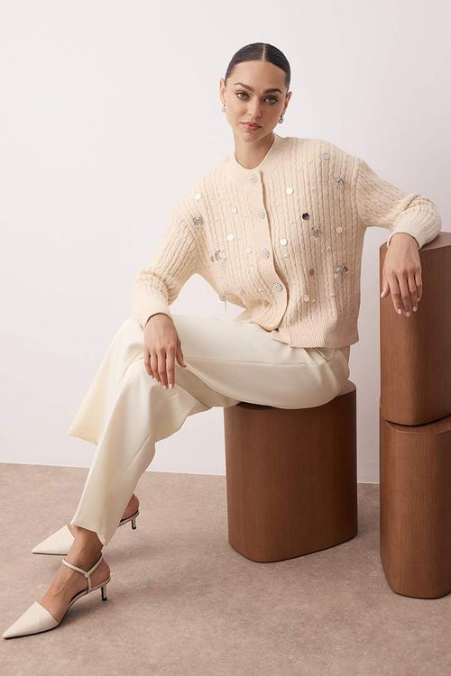 Sequined Mother of Pearl Button Soft Textured Knitwear Cardigan - Stone