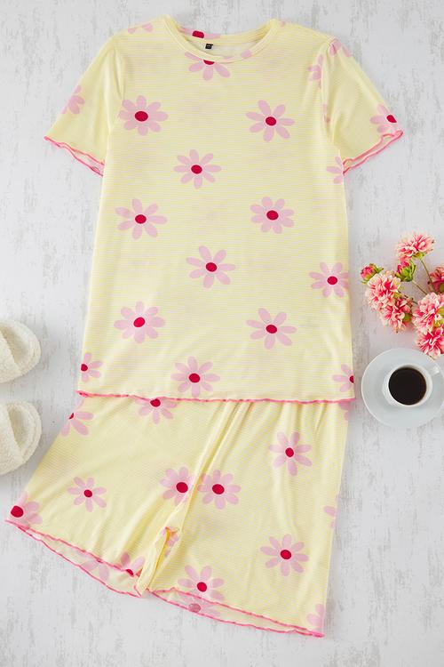 Plus size stripe and floral pajamas set - yellow 