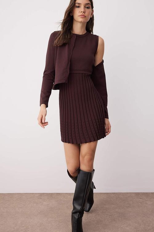 Mini Aline knitwear Pleated Dress - Brown