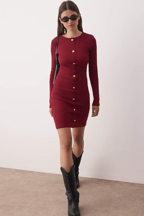 Mini Bodycon Knit Mock Btn Dress - Burg