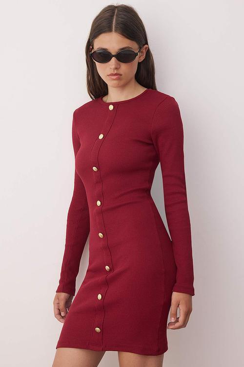Mini Bodycon Knit Mock Btn Dress - Burg