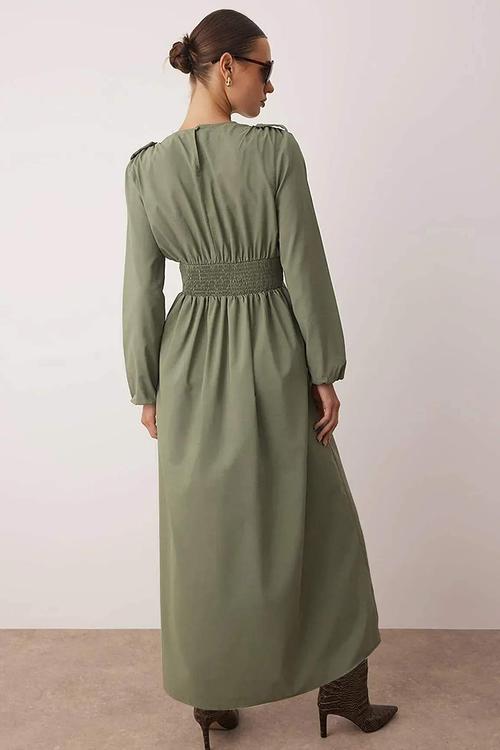 Maxi Gathered Waist  Woven Dress - Khaki