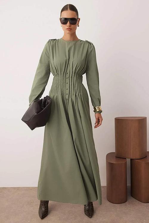 Maxi Gathered Waist  Woven Dress - Khaki
