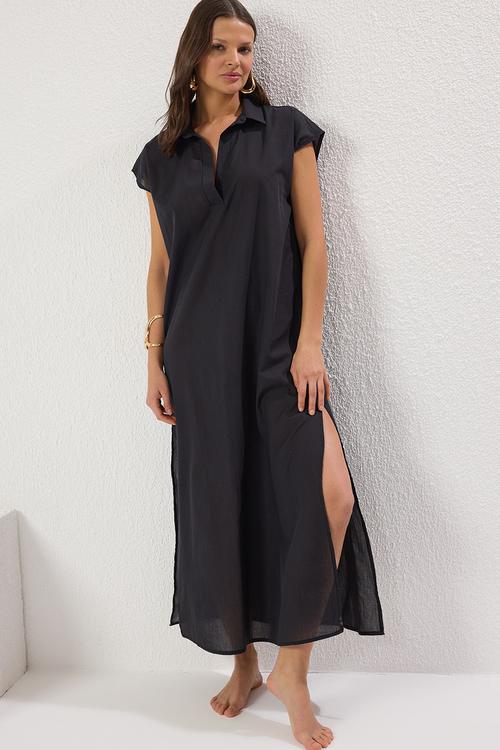 Maxi Woven Relaxed Collar  Dress - Black
