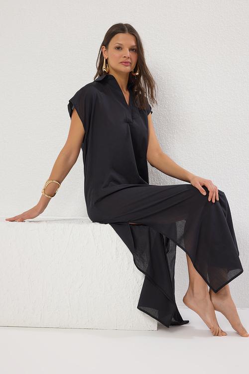 Maxi Woven Relaxed Collar  Dress - Black