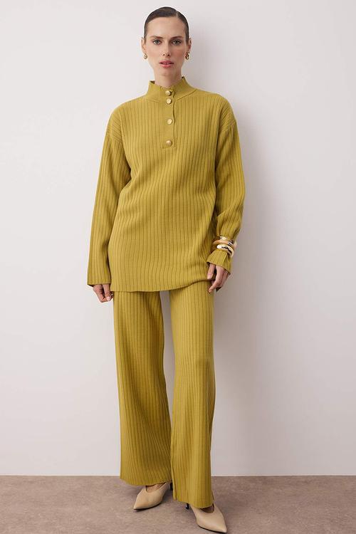 Gold Button Knitwear Bottom-Top Set - Oil Green