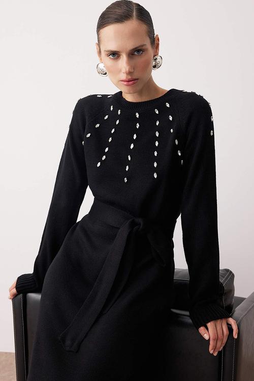 Maxi Round Neck Knitwear Dress - Black