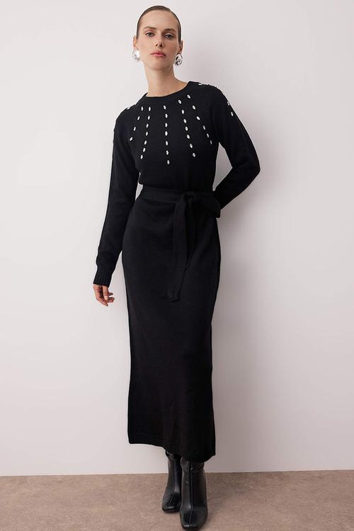 Maxi Round Neck Knitwear Dress - Black