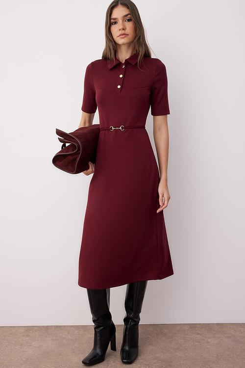 Midi Aline Knit Short Sleeve Dress - Burgundy