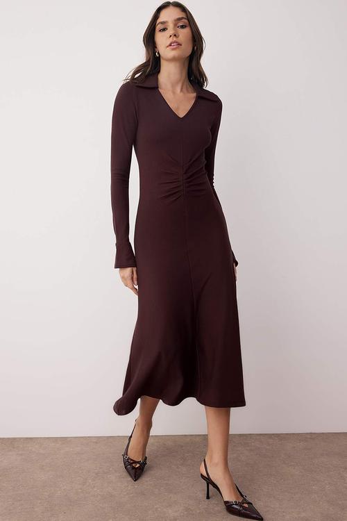 Midi Pencil knit V Neck Dress - Brown