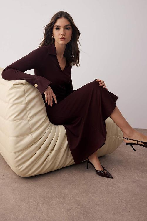 Midi Pencil knit V Neck Dress - Brown