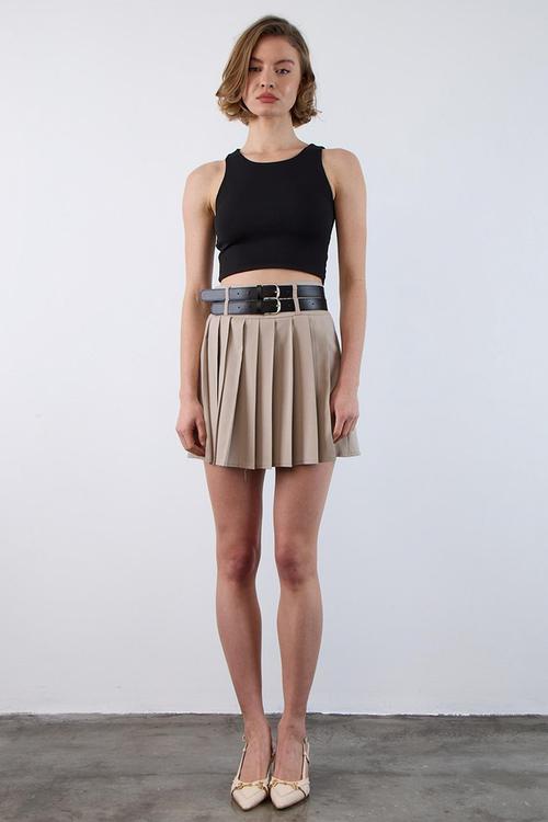 Double Belted Pleated Mini Woven Skirt - Stone