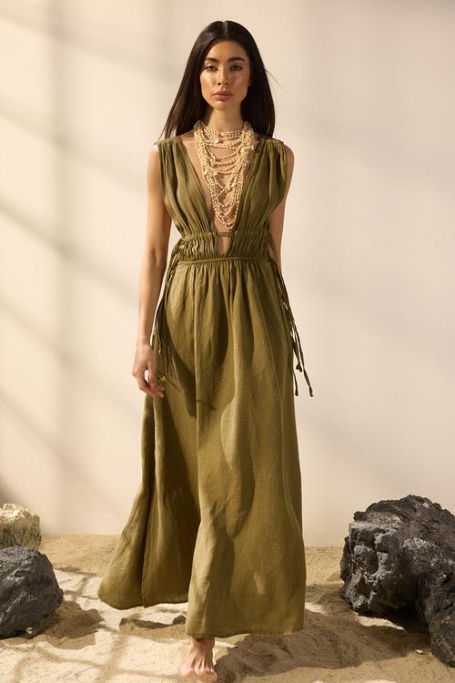Maxi Sleeveless V Neck Woven Dress - Khaki