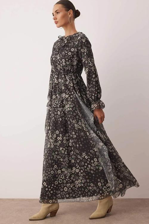 Maxi A line Woven Dress - Floral Black