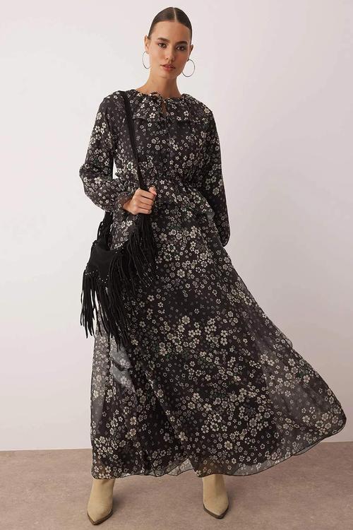 Maxi A line Woven Dress - Floral Black