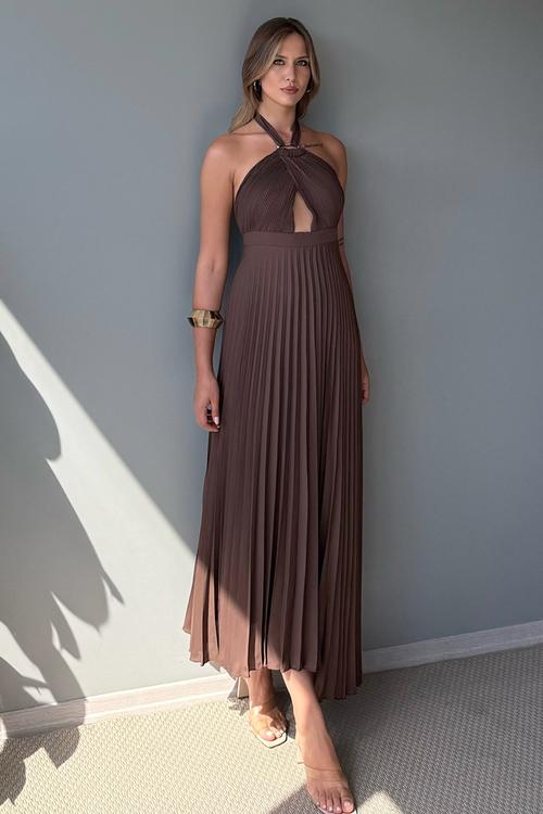 Maxi Woven Tied Neck Dress - Brown