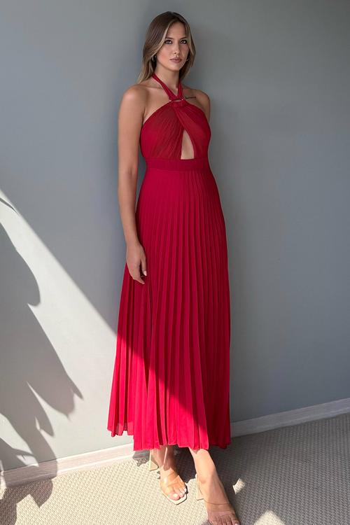 Maxi Woven Tied Neck Dress - Red
