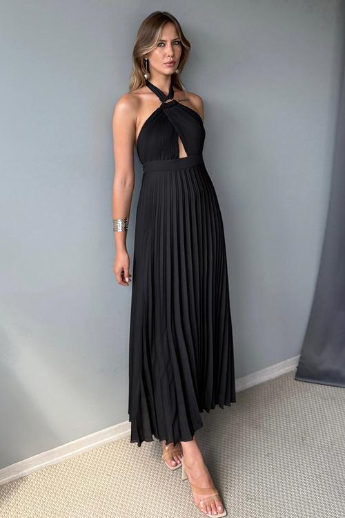 Maxi Woven Tied Neck Dress - Black