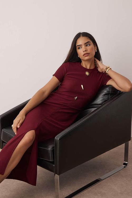 Midi Bodycon Knit Round Neck dress - Burg