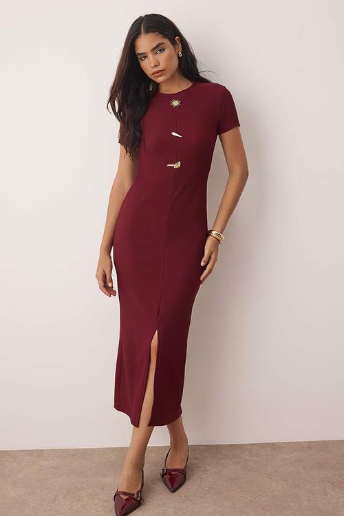 Midi Bodycon Knit Round Neck dress - Burg