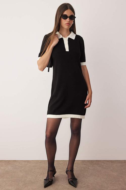 Mini Straight Knitwear Contrast Collar Dress - Black