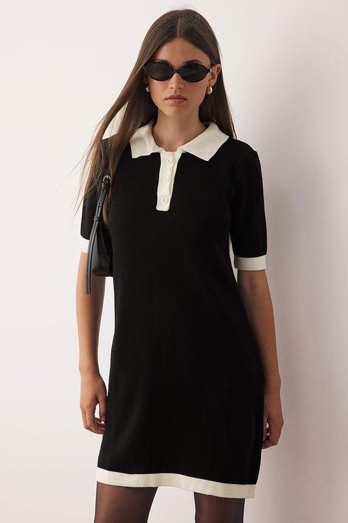 Mini Straight Knitwear Contrast Collar Dress - Black