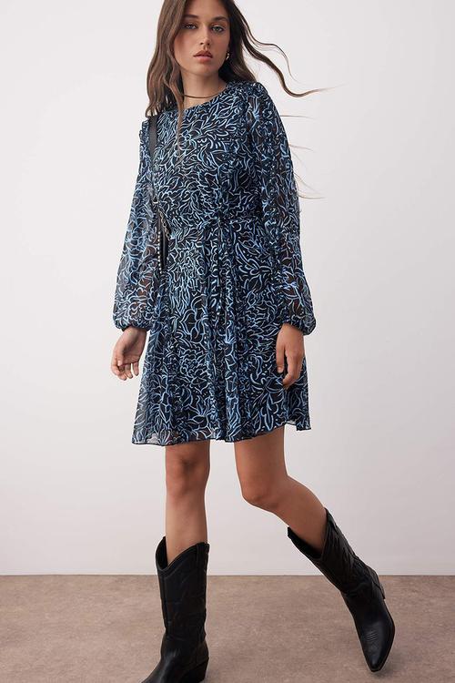 Mini Aline Woven Frilled Dress - Floral Blue