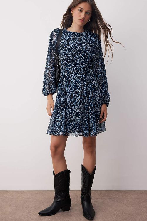 Mini Aline Woven Frilled Dress - Floral Blue