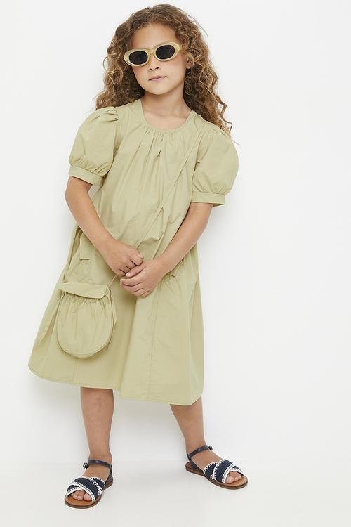 Gathered bust and side panel dress with matching sling pouch - khaki