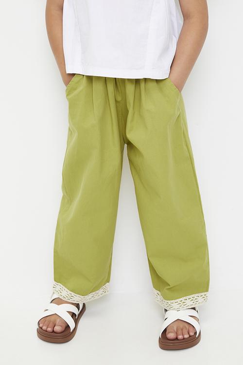 Lace trim wide leg pants - bamboo green 