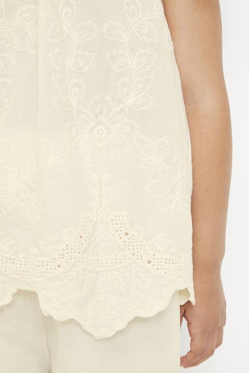 Lace-trimmed anglaise blouse with matching pants - lemon chiffon