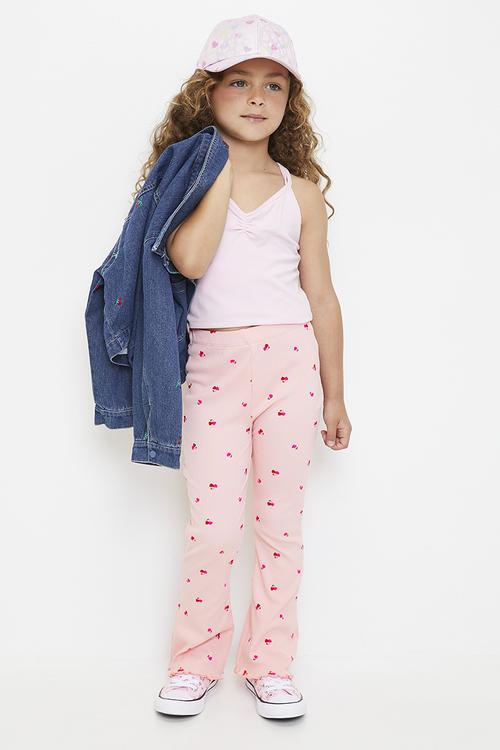 Cherry hearts all-over print rib knit leggings - pink