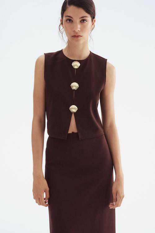 Button-decorated top - dark brown