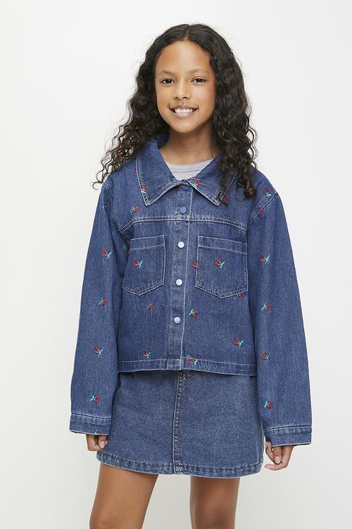 Cherry embroidered denim trucker jacket - blue