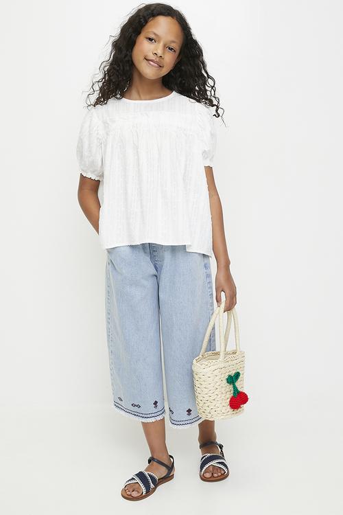 Textured blouse with frayed wide leg 3/4 jeans - white/blue