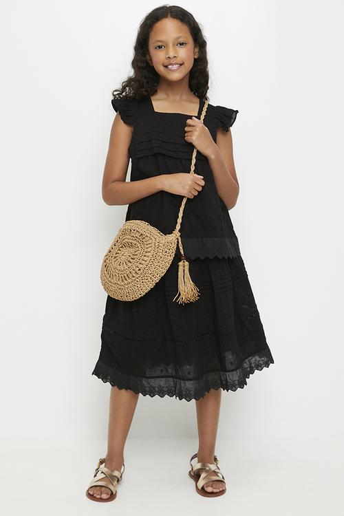 Textured blouse & skirt with pin tuck detail and anglaise hem - black