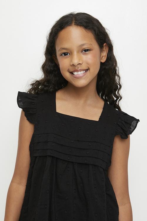 Textured blouse & skirt with pin tuck detail and anglaise hem - black
