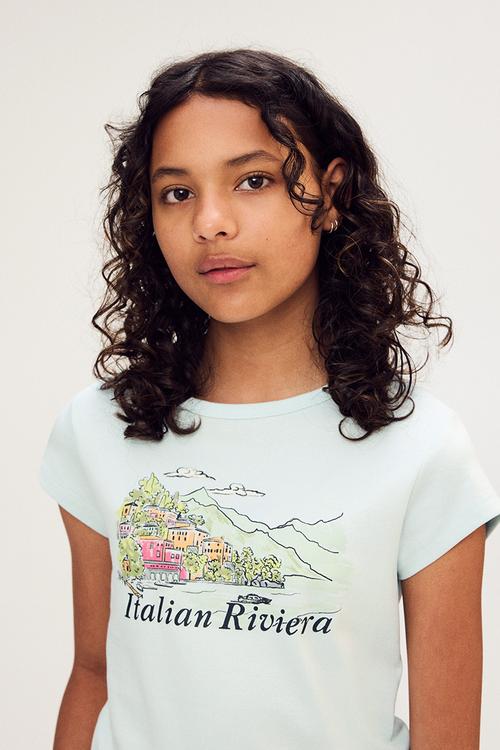 Print-motif cotton T-shirt - light turquoise